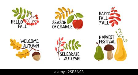 Set autunnale di frasi disegnate a mano con elementi di design accattivanti e accoglienti. Autunno, Illustrazione Vettoriale