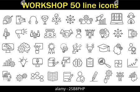 Set di icone Web da officina in stile linea. Icone Business Workshop per applicazioni Web e mobili. Illustrazione Vettoriale