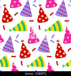 Cappelli colorati da festa sparsi su sfondo bianco per festeggiare le feste Illustrazione Vettoriale