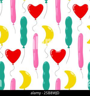 Colorato motivo a palloncino con cuori, banane e forme astratte su sfondo bianco Illustrazione Vettoriale