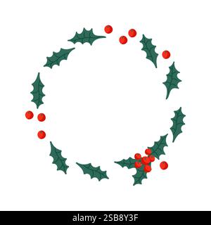 Corona festiva adornata con foglie di agrifoglio e bacche rosse su sfondo bianco Illustrazione Vettoriale