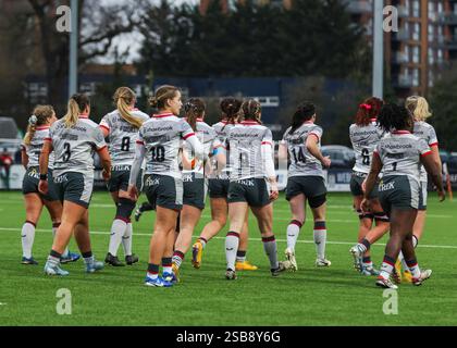 Londra, Regno Unito. 1 febbraio 2025. Trailfinders Women vs Saracens Women Match al Vallis Way Stadium per la 16a giornata della Premiership Women's Rugby 2024/25. UK © ️ crediti: Elsie Kibue/Alamy Live News Foto Stock