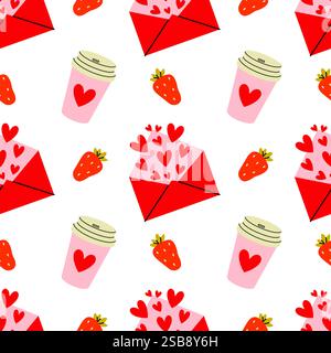 Motivo divertente e colorato con cuori, fragole e lettere d'amore, ideale per le celebrazioni Illustrazione Vettoriale