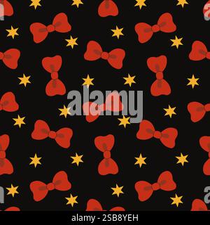Fiocchi rossi e stelle gialle che si ripetono su sfondo nero per un look festivo Illustrazione Vettoriale