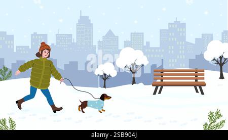 Donna che cammina con un cane in un parco cittadino innevato durante l'inverno Illustrazione Vettoriale
