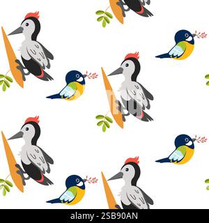 Motivo colorato con picchi e piccoli uccelli in un design giocoso Illustrazione Vettoriale