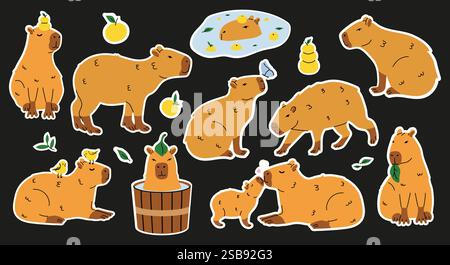 Capybara adesivi su sfondo nero simpatici personaggi divertenti che nuotano in acqua, fanno il bagno, camminano e si rilassano. Illustrazione Vettoriale