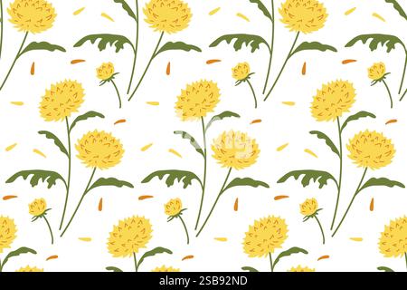 I vivaci fiori gialli creano un motivo allegro su sfondo bianco Illustrazione Vettoriale