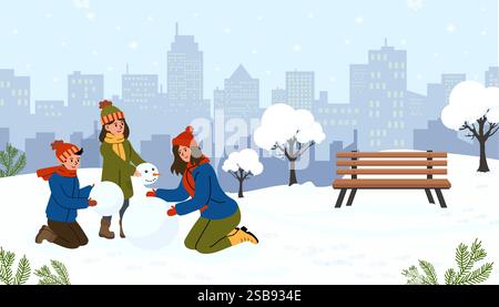 I bambini si divertono a costruire un pupazzo di neve in un parco invernale in mezzo allo skyline della città Illustrazione Vettoriale