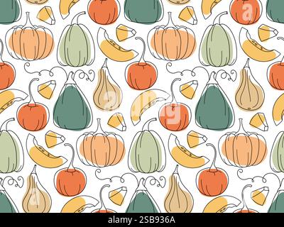 Motivo senza cuciture con zucche e semi. Zucche in stile doodle. Illustrazione autunnale. Immagine vettoriale. Illustrazione Vettoriale