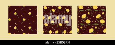 I fiori gialli brillanti creano un motivo vibrante su un ricco sfondo marrone Illustrazione Vettoriale