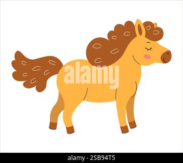 Carino cavallo cartoni animati con una criniera ondulata in piedi pacificamente su uno sfondo bianco Illustrazione Vettoriale