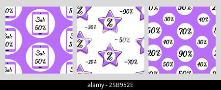 Coloratissimi modelli di sconto con vendite e percentuali su sfondi vivaci Illustrazione Vettoriale