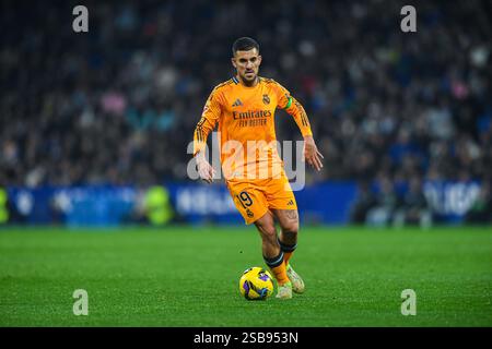 Cornella El Prat, ESP. 1 febbraio 2025. RCD ESPANYOL vs REAL MADRID 1 febbraio 2025 D. Ceballos (19) del Real Madrid durante la partita tra RCD Espanyol e Real Madrid corrispondente alla ventidue giorni di la Liga EA Sports allo stadio RCDE di Barcellona, Spagna. Crediti: Rosdemora/Alamy Live News Foto Stock