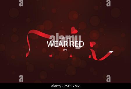 Un vivace sfondo rosso con luci bokeh incandescenti presenta un audace testo bianco che legge il National Red Wear Day Illustrazione Vettoriale