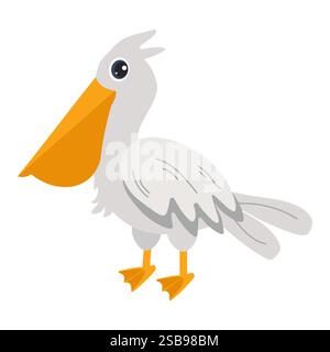Carino pellicano cartoni animati in piedi con becco e piedi di colore arancione brillante Illustrazione Vettoriale