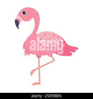 fenicottero rosa in piedi con grazia su una gamba in un divertente stile cartoni animati Illustrazione Vettoriale