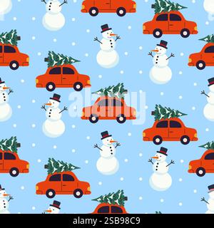 Macchinine colorate con alberi di Natale e pupazzi di neve su sfondo azzurro Illustrazione Vettoriale