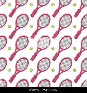 Racchette e palle da tennis colorate. Attrezzature sportive, concetto di fitness. Disegnato a mano moderno Illustrazione Vettoriale