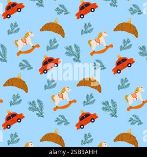 Motivo colorato con giocattoli divertenti, croissant e fogliame su sfondo blu Illustrazione Vettoriale
