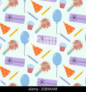 Colorato motivo celebrativo con palloncini, torte e fiori adatto per le decorazioni delle feste Illustrazione Vettoriale
