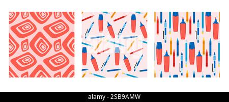 Set di tre motivi senza cuciture. Linee, curve e arcobaleni tracciati a mano. Illustrazione Vettoriale