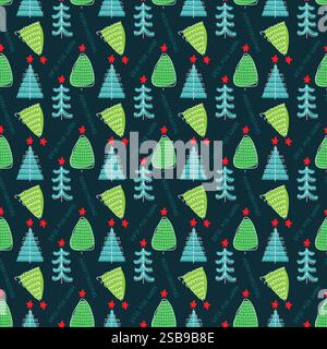 Colorato albero di Natale caratterizzato da alberi verdi e blu su sfondo scuro Illustrazione Vettoriale