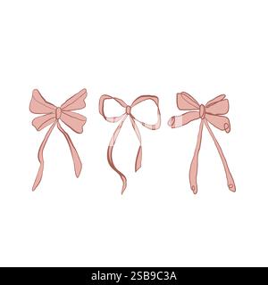 Fiocchi disposti a mano disegnano disegni in stile abbozzato. Fiocco decorativo a nastro con mano in colori cremosi. Design lineare nero, vettore disegnato a mano Illustrazione Vettoriale