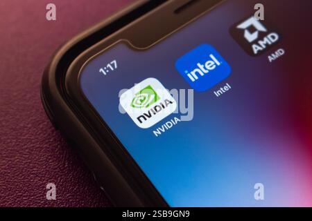 Città del Messico, MESSICO - gennaio 28 2025: I logo NVIDIA, Intel e AMD vengono visualizzati sullo schermo di uno smartphone. Immagine del concetto dei principali giganti dei semiconduttori. Foto Stock
