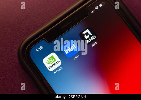 Città del Messico, MESSICO - gennaio 28 2025: I logo NVIDIA, Intel e AMD vengono visualizzati sullo schermo di uno smartphone. Immagine del concetto dei principali giganti dei semiconduttori. Foto Stock