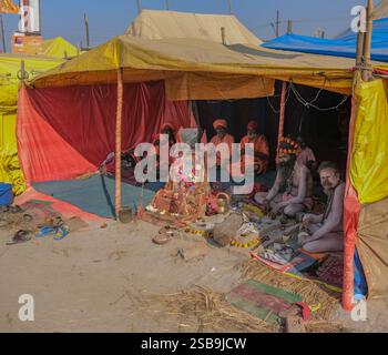 La tradizionale cerimonia ascetica con naga sadhu si svolge in un sereno ambiente spirituale devozionale Foto Stock