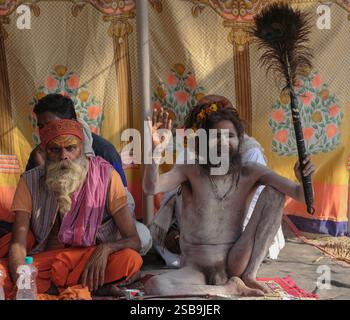 La tradizionale cerimonia ascetica con naga sadhu si svolge in un sereno ambiente spirituale devozionale Foto Stock