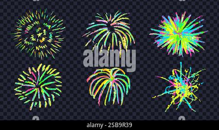 Fuochi d'artificio una bella matita disegna gli elementi per festeggiare il compleanno e l'anniversario. Set di coloratissimi schizzi arcobaleno in stile fulmini, esplosioni e raggi del sole Illustrazione Vettoriale