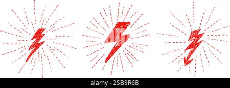 Set di sagome con penna a cera fulminante. Collezione di simboli di tuono o batteria con sollevamento radiale come i bambini scritti da matita pastello rossa Illustrazione Vettoriale