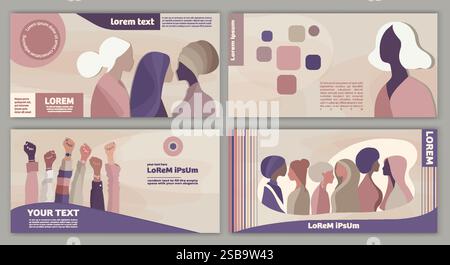 Silhouette di gruppo di donne multiculturali. Empowerment - uguaglianza - inclusione - diversità - o concetto di potere femminile. Giornata internazionale delle donne. Modello Illustrazione Vettoriale