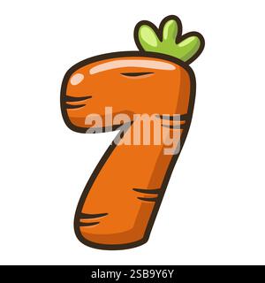 Funny Carrot numero 7, figura sette. Cartone animato di numero con un concetto vegetale. Calligrafia, lettere, tipografia per le carte o il gioco Education Illustrazione Vettoriale