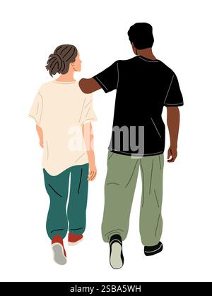 Giovane coppia interrazziale che cammina con il vettore di vista posteriore Illustrazione Vettoriale