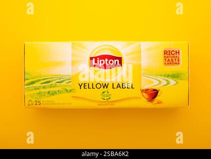 LONDRA, Regno Unito - 24 gennaio 2025: Confezione di bustine di tè nere con etichetta gialla Lipton su sfondo giallo. Foto Stock