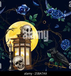 Motivo senza cuciture con grande luna piena, teschi, lanterna vintage e candelabro, rose e rami. Illustrazione ad acquerello in stile gotico per Foto Stock