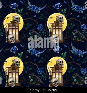 Motivo senza cuciture con grande luna piena, teschi, lanterna vintage e candelabro, rose e rami. Illustrazione ad acquerello in stile gotico per Foto Stock