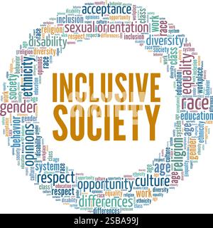 Cloud di parole per illustrazione vettoriale concettuale di inclusive Society isolato su sfondo bianco. Illustrazione Vettoriale