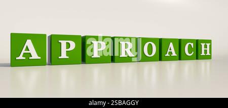 Approccio approccio, parola singola. Dadi verdi con lettere bianche e il testo, avvicinarsi. Metodo, strategia, tecnica. Illustrazione 3D text Word dice060  Foto Stock