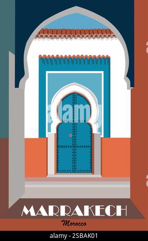 Poster di viaggio a Marrakech, Marocco in stile retrò. Illustrazione Vettoriale