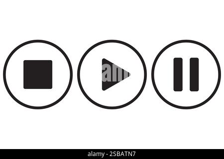 Icone di interruzione della riproduzione. Mettere in pausa i simboli del supporto. Set di pulsanti circolari. Interfaccia utente vettoriale. Illustrazione Vettoriale