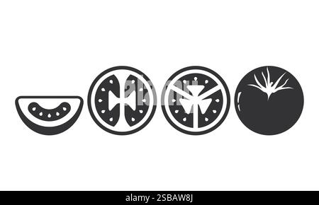 Silhouette di pomodoro fresco con varie fette. Elemento Black Healthy Tomato Slices. Illustrazione Vettoriale