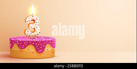 3° anniversario. Torta con candele e confetti bruciati. Banner di compleanno. Illustrazione vettoriale Illustrazione Vettoriale