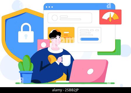 Illustrazione disegnata a mano del concetto di vettore piatto dei caratteri di sicurezza della rete aziendale Illustrazione Vettoriale