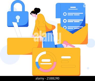 Illustrazione disegnata a mano del concetto di vettore piatto dei caratteri di sicurezza della rete aziendale Illustrazione Vettoriale