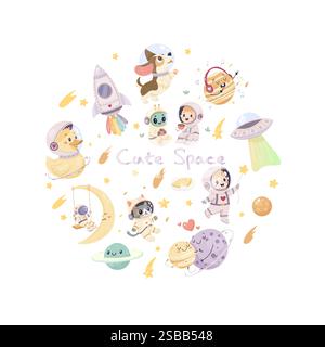 Una serie di simpatiche illustrazioni spaziali. Astronauti, razzi, simpatici cani e gatti, anatre, alieni e pianeti. Stampa, sublimazione Illustrazione Vettoriale