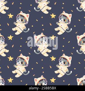 Motivo spaziale senza cuciture, simpatico motivo per bambini. Gatto astronauta Illustrazione Vettoriale